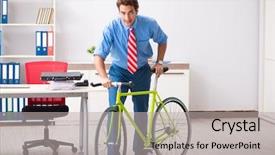  Presentation with office life - PPT theme featuring employee life cycle - young businessman using bike background and a light gray colored foreground