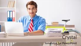  Presentation with bike engine oil - PPT layouts featuring employee life cycle - young businessman using bike background and a  colored foreground