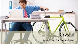 Presentation with office life - PPT layouts enhanced with employee life cycle - young businessman using bike background and a soft green colored foreground
