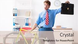  Presentation with office life - Beautiful slides featuring employee life cycle - young businessman using bike backdrop and a lemonade colored foreground