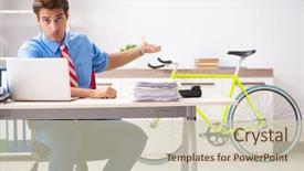  Presentation with power engine bike - PPT theme enhanced with employee life cycle - young businessman using bike background and a soft green colored foreground