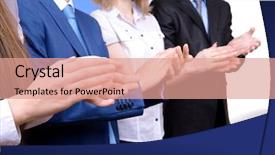  Presentation with business partner people joining hand - PPT theme consisting of employee loyalty - business partners joining their hands background and a coral colored foreground