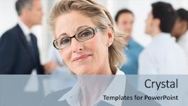  Presentation with closeup of ground spices cumin - Presentation theme having employee loyalty - closeup of happy mature businesswoman background and a light blue colored foreground