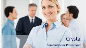  Presentation with industrial robot arm - Slides featuring employee loyalty - portrait of beautiful businesswoman standing background and a sky blue colored foreground