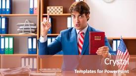  Presentation with office - PPT layouts with employee loyalty - young handsome politician sitting background and a coral colored foreground