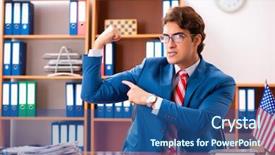  Presentation with office - Amazing PPT theme having employee loyalty - young handsome politician sitting backdrop and a  colored foreground