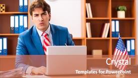  Presentation with office politics - Colorful PPT layouts enhanced with employee loyalty - young handsome politician sitting backdrop and a coral colored foreground