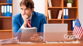  Presentation with office politics - PPT layouts featuring employee loyalty - young handsome politician sitting background and a coral colored foreground