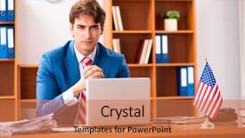  Presentation with office politics - Slide deck with employee loyalty - young handsome politician sitting background and a coral colored foreground