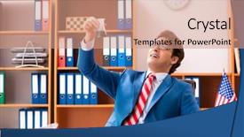  Presentation with office - Colorful PPT theme enhanced with employee loyalty - young handsome politician sitting backdrop and a coral colored foreground