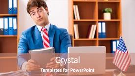  Presentation with office politics - Colorful PPT layouts enhanced with employee loyalty - young handsome politician sitting backdrop and a coral colored foreground