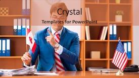  Presentation with office politics - PPT layouts featuring employee loyalty - young handsome politician sitting background and a coral colored foreground