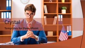  Presentation with office politics - Audience pleasing presentation theme consisting of employee loyalty - young handsome politician sitting backdrop and a red colored foreground