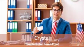  Presentation with office - Audience pleasing slide deck consisting of employee loyalty - young handsome politician sitting backdrop and a coral colored foreground