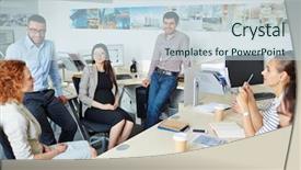  Presentation with office - Slides with employee meeting - break in office background and a  colored foreground