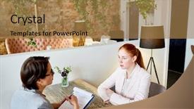  Presentation with hiring - Audience pleasing presentation consisting of employee meeting - owner of small restaurant hiring backdrop and a coral colored foreground