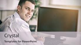  Presentation with hypertension in young - Theme with employee monitoring - shadowing a smiling young businessman background and a  colored foreground