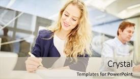  Presentation with taking notes - Slides having employee motivation - businesswoman taking notes background and a lemonade colored foreground