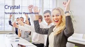  Presentation with motivation employee - Slide deck consisting of employee motivation - cheering business team clentching their background and a sky blue colored foreground