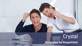  Presentation with blue and orange business people - Beautiful presentation design featuring employee motivation - cheering happy business people clenching backdrop and a ocean colored foreground