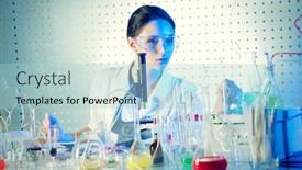 Presentation with laboratory equipment - Theme having employee of the laboratory in the working process laboratory equipment background and a light blue colored foreground