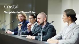  Presentation with speaking - Presentation design featuring one of delegates speaking in microphone while sitting by tribune among other participants of conference background and a gray colored foreground