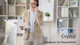  Presentation with business report - Cool new slides with answering call by hands-free backdrop and a light gray colored foreground