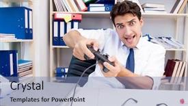  Presentation with computer games - Presentation theme enhanced with employee playing computer games background and a teal colored foreground