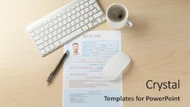  Presentation with pen laptop coffee cup clips - Amazing slide set having employee position data - completed cv keyboard and cup backdrop and a soft green colored foreground