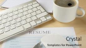  Presentation with resume - Audience pleasing presentation design consisting of employee position data - resume form keyboard and cup backdrop and a soft green colored foreground