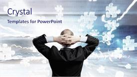  Presentation with flying - Cool new slides with employee puzzle - businessman stands back and looks backdrop and a sky blue colored foreground