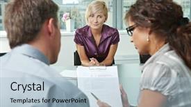  Presentation with employee relations - Slides with employee relations - attractive woman applicant hoping background and a light blue colored foreground