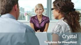  Presentation with employee relations - Audience pleasing PPT theme consisting of employee relations - attractive woman applicant talking backdrop and a ocean colored foreground