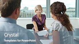  Presentation with employee relations - Presentation with employee relations - attractive woman applicantshowing documents background and a seafoam green colored foreground