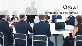  Presentation with employee relations - Presentation theme having employee relations - businesspeople sitting at conference round background and a sky blue colored foreground