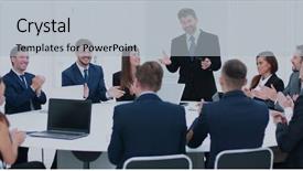  Presentation with employee relations - PPT theme consisting of employee relations - businesspeople sitting at conference round background and a light gray colored foreground