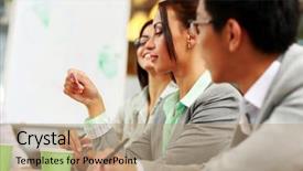  Presentation with employee relations - Slides featuring employee relations - businesswoman looking at business card background and a coral colored foreground