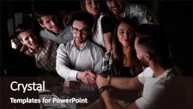  Presentation with blue and orange business people - Colorful presentation design enhanced with employee relations - handshake of business people backdrop and a wine colored foreground