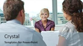  Presentation with interview - Presentation theme having employee relations - happy woman applicant talking background and a light blue colored foreground