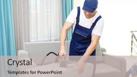  Presentation with dirt - PPT theme consisting of employee removing dirt from furniture background and a soft green colored foreground