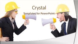  Presentation with old wite man and his music - PPT theme having employee safety - man with helmet and loudspeaker background and a  colored foreground