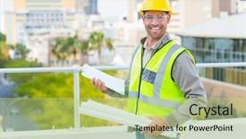 Presentation with portrait happy family smiling - Beautiful theme featuring employee safety - portrait of smiling male architect backdrop and a  colored foreground