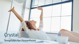  Presentation with stretching - Cool new presentation theme with employee satisfaction - businesswoman in office stretching her backdrop and a sky blue colored foreground