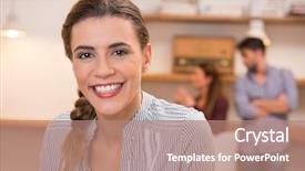  Presentation with five business people standing together and smiling - Presentation theme featuring employee satisfaction - confident young businesswoman with colleagues background and a coral colored foreground