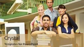  Presentation with university library - Presentation theme with employee satisfaction - portrait of library staff background and a yellow colored foreground