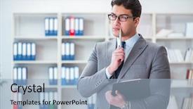  Presentation with survey - Slides having employee survey - young businessman working background and a light blue colored foreground