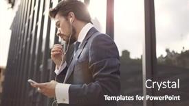  Presentation with employee - Cool new presentation design with employee-talking-on-the-phone backdrop and a dark gray colored foreground