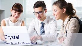  Presentation with computer - Slides enhanced with employee training - business people working with computer background and a sky blue colored foreground