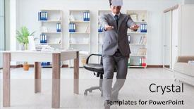  Presentation with employee training - Colorful PPT theme enhanced with employee training - businessman exercising in office wearing backdrop and a light gray colored foreground