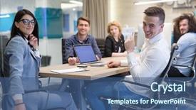  Presentation with young business people - PPT theme featuring employee training - group of a young business background and a ocean colored foreground